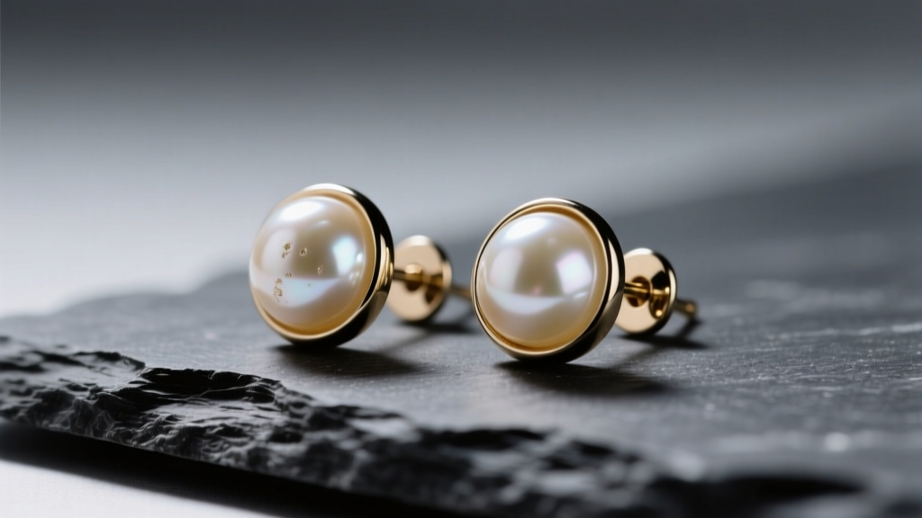 Macro photography of vintage-style pearl button stud earrings resting on a dark slate surface with soft directional studio lighting