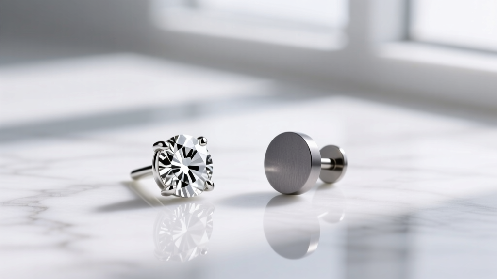 Macro photo comparing a bright rhodium-plated white gold stud and a matte grey implant-grade titanium stud on white marble.