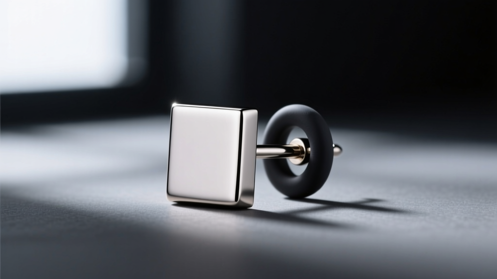 Side view of a titanium square stud earring post with a silicone O-ring backing against a softly blurred dark studio background