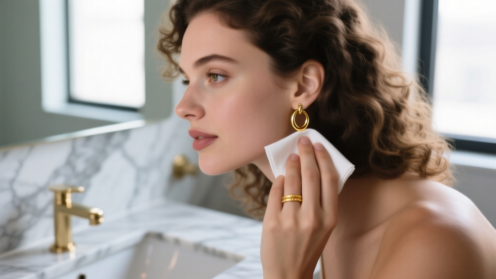 A woman gently wiping a small gold-plated huggie hoop earring with a microfiber polishing cloth over a marble bathroom vanity