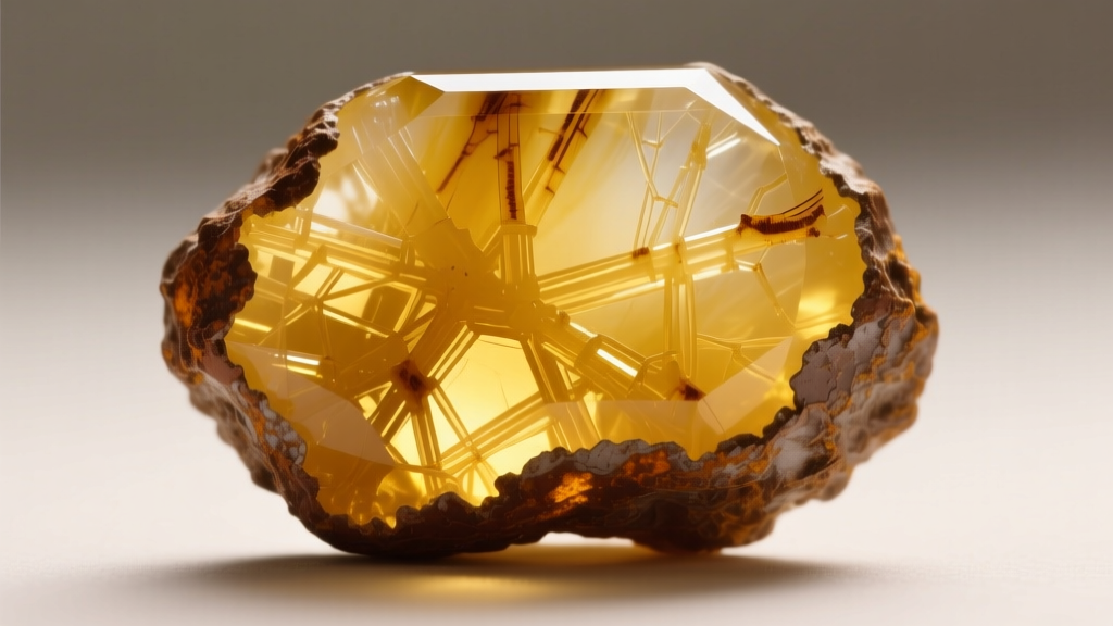 Macro photography of raw yellow nephrite jade showing interlocking fibrous crystals and a natural brown limonite outer rind texture