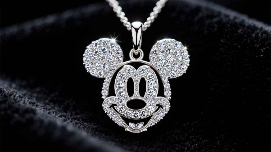 Macro shot of a Mickey silhouette pendant paved with tiny natural melee diamonds on black velvet under bright studio lighting