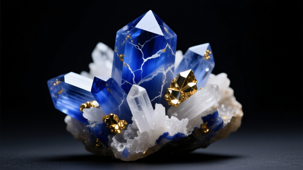 Macro shot of raw lapis lazuli showing white calcite veins and metallic gold pyrite inclusions under bright studio lighting.