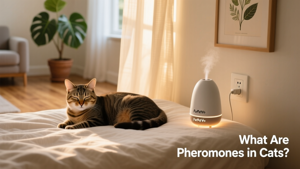 Cat calmly resting on a bed next to a FurPetVo diffuser plugged into a nearby outlet