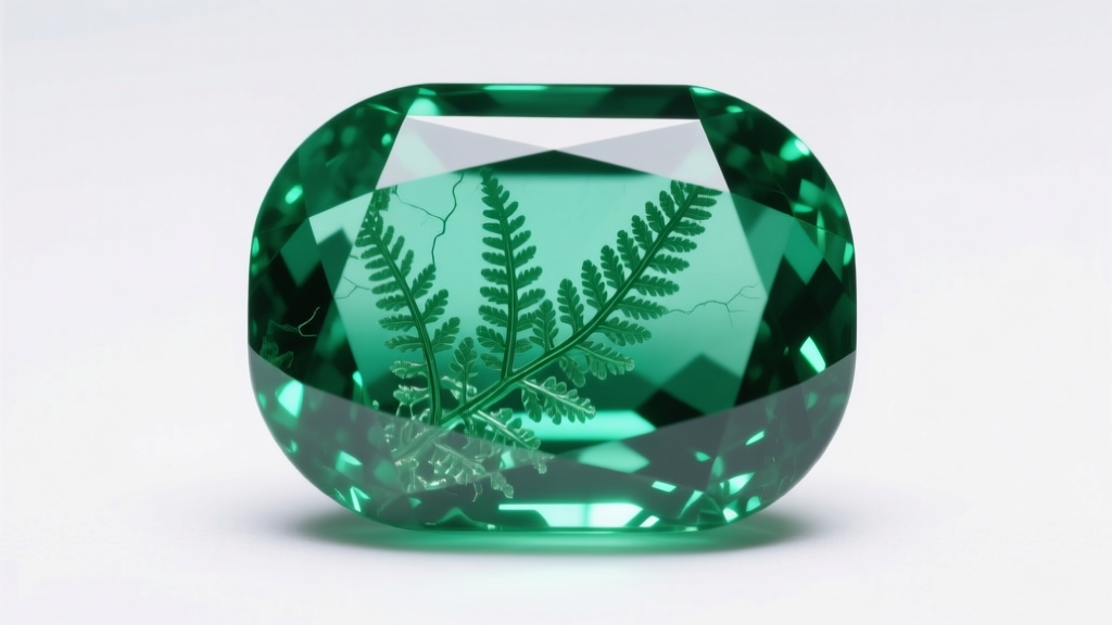 Macro photo of a natural Colombian emerald showing internal jardin inclusions and cedar oil treatment under bright studio lights.