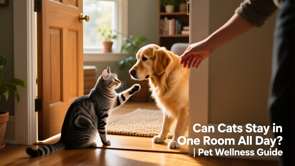 Cat interacting calmly with another pet through a slightly ajar door during supervised introduction