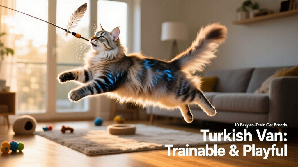 A Turkish Van mid-leap, catching a feather wand toy in mid-air during a playful training session