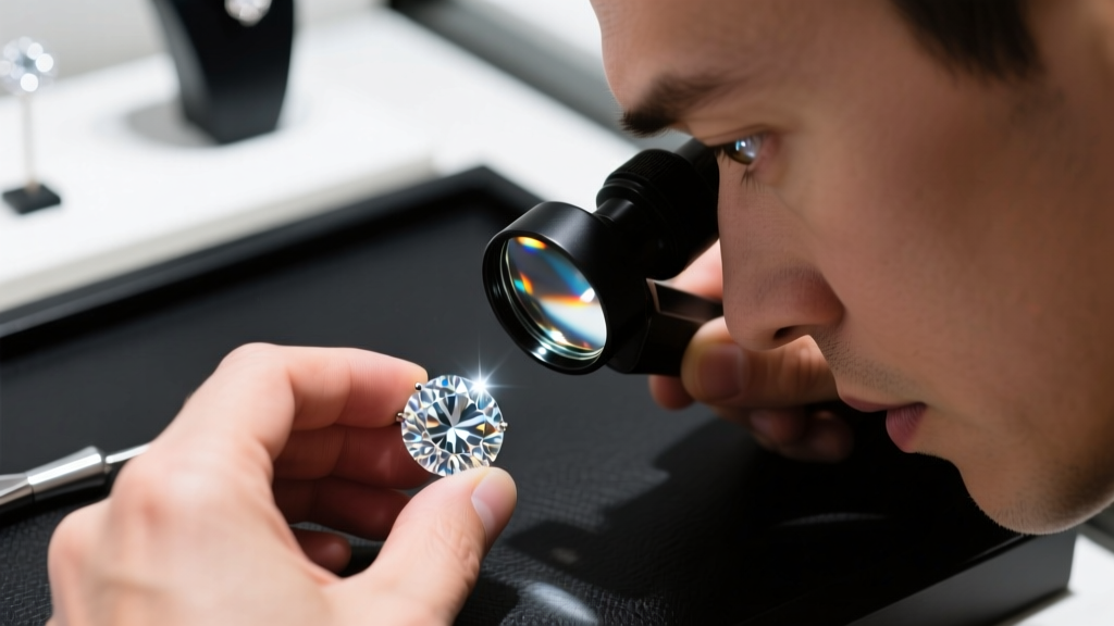 Close-up of a jeweler using a 10x triplet loupe to inspect a brilliant round diamond under balanced daylight LED store lighting.