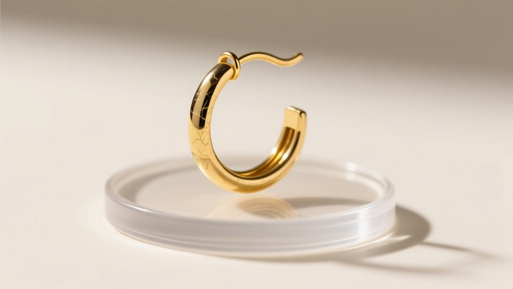 Macro photo of an 18-gauge gold french wire earring resting on a clear silicone support disc backer to show weight distribution