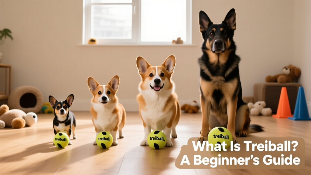 Side-by-side comparison showing correctly sized treibball balls next to dogs of different heights: small, medium, and large breeds