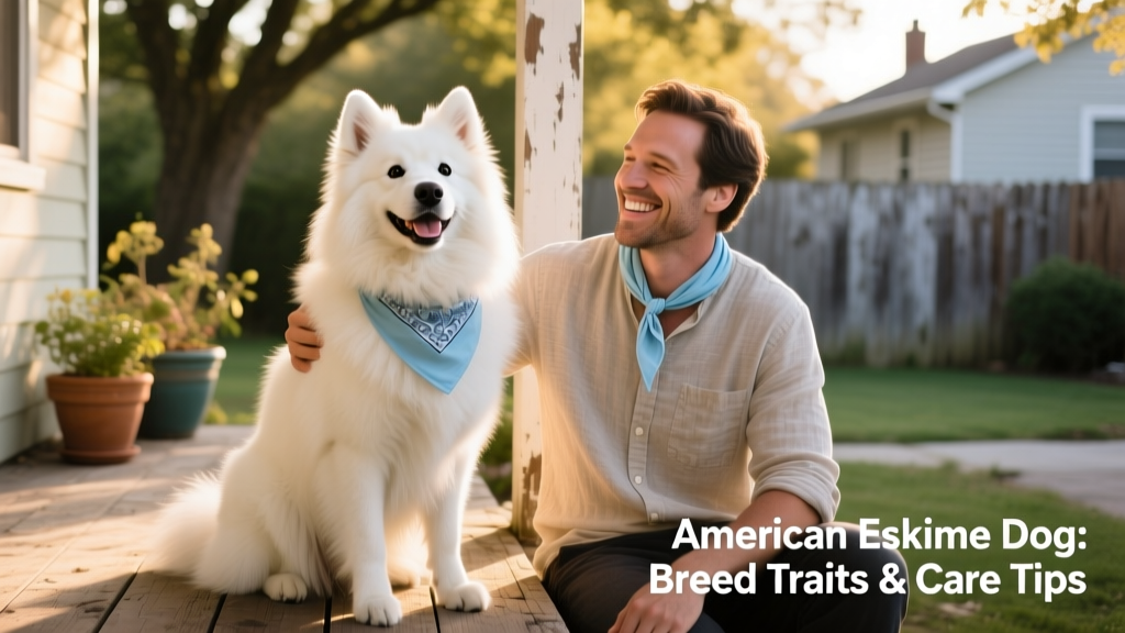 A happy American Eskimo dog sitting beside its owner on a porch, both wearing matching bandanas, smiling and relaxed