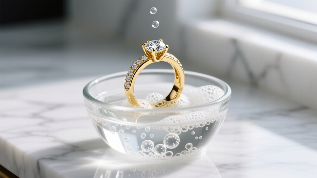 Close-up of a gold and diamond ring submerged in a small glass bowl of bubbling hydrogen peroxide on a marble countertop