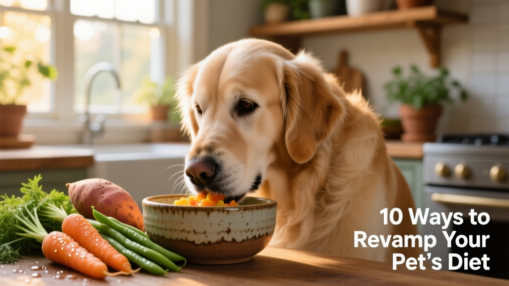Senior dog eating from a ceramic bowl with fresh vegetables nearby
