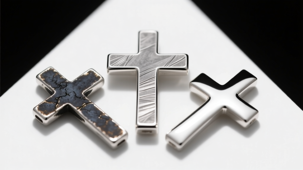 Macro shot of three sterling silver crosses displaying varying oxidation levels and high polish finishes under studio lighting.