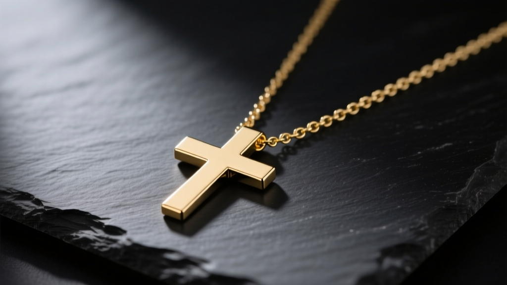 Minimalist horizontal cross pendant on a gold chain resting on dark slate with soft lighting highlighting the metal.