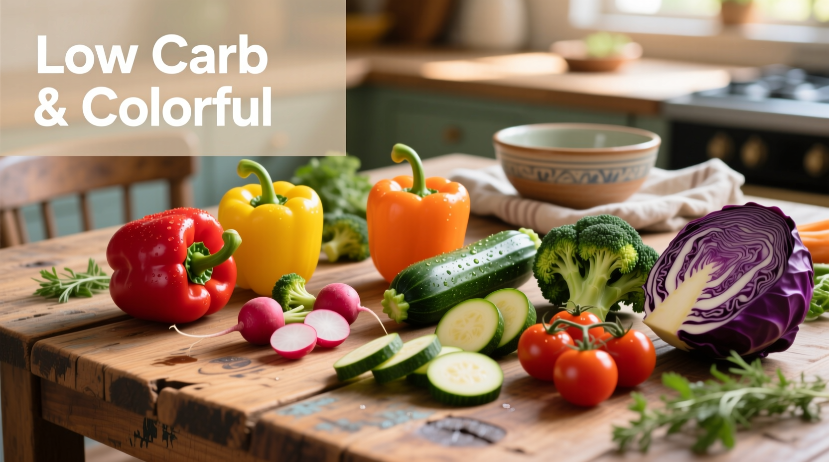 Colorful arrangement of low carb vegetables on wooden table