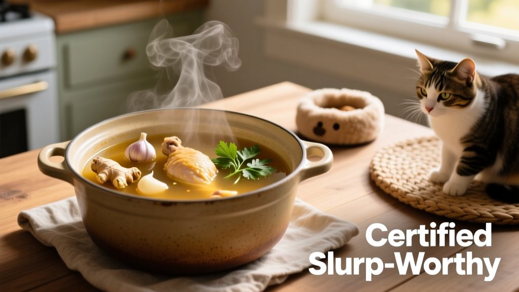 A steaming pot of golden bone broth with visible herbs and chicken pieces simmering gently