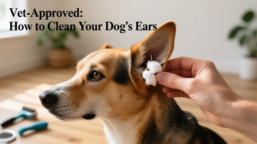 Hand demonstrating correct placement of a cotton ball just inside a dog's ear opening—not inserted into the canal