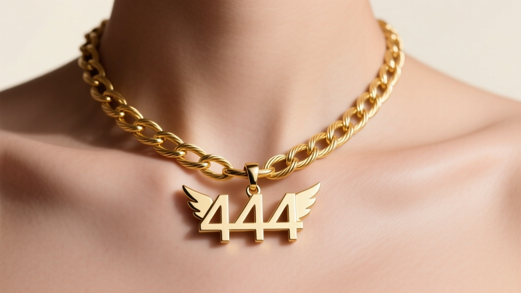 Close-up of a 14k gold vermeil cable chain necklace with a minimalist 444 angel number pendant resting on a bare collarbone