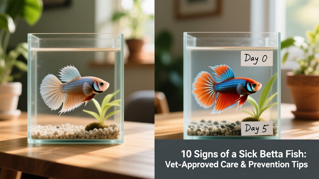 Side-by-side comparison: left shows a betta with clamped fins and dull coloration; right shows the same fish after 5 days of FurPetVo water conditioner use and daily 25% water changes