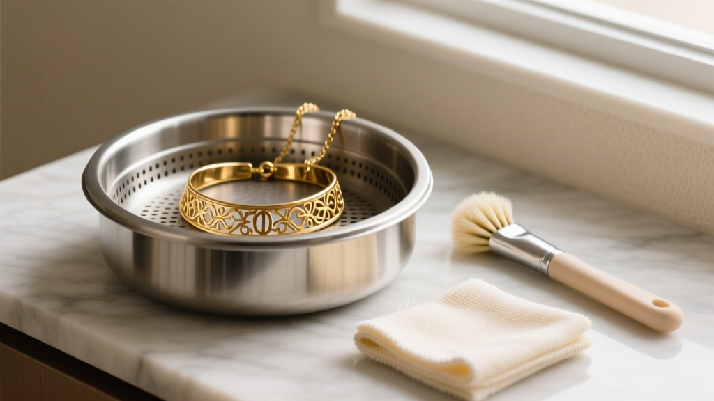Jeweler ultrasonic cleaner basket holding a dull 10k gold choker, with a soft bristle brush and a microfiber polishing cloth nearby