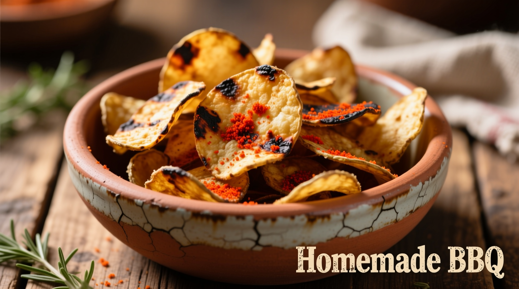 Homemade barbecue potato chips in a rustic bowl