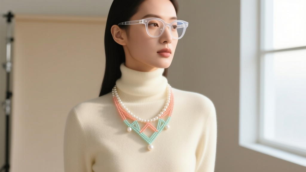 Woman wearing a beaded acetate eyeglass holder necklace over a cream turtleneck, showing an ideal 28-inch chest drape length.