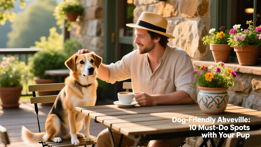 A relaxed dog sitting beside their human at an outdoor café table in Asheville