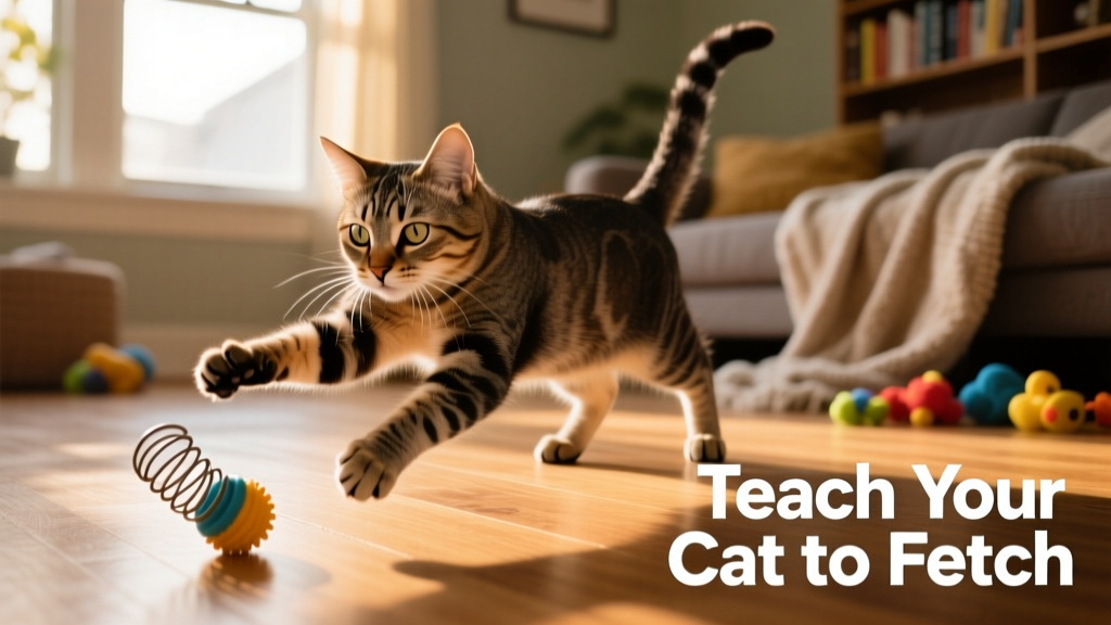 A cat mid-pounce, paws extended toward a small springy toy on the floor