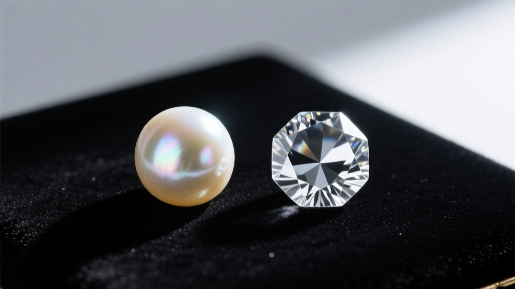 Round freshwater pearl and clear cubic zirconia crystal side-by-side on dark velvet jeweler's tray under bright spotlight.