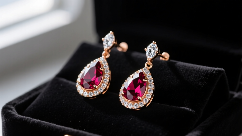 Close-up of 18k rose gold drop earrings with pear-cut rubies and micro-pave diamonds resting on a dark velvet display pad.