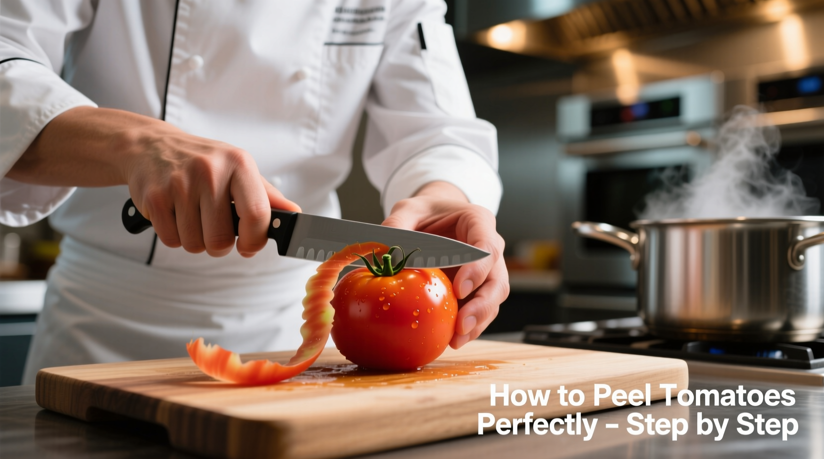 Chef demonstrating tomato peeling technique with paring knife