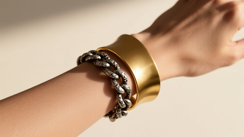 Wrist stacked with a thick matte gold sculptural cuff and an oxidized silver chain, bathed in warm natural afternoon sunlight.