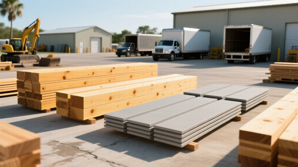 Pressure-treated Southern Yellow Pine and fiber cement siding staged at a Florida Panhandle building supply yard for delivery