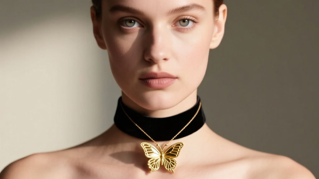 Close-up of a model wearing a 14-inch black velvet choker and an 18-inch gold vermeil butterfly pendant in soft natural light