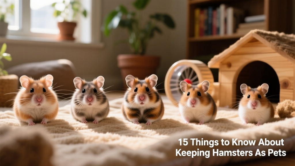 Side-by-side comparison of five common domesticated hamster species showing size and coat differences