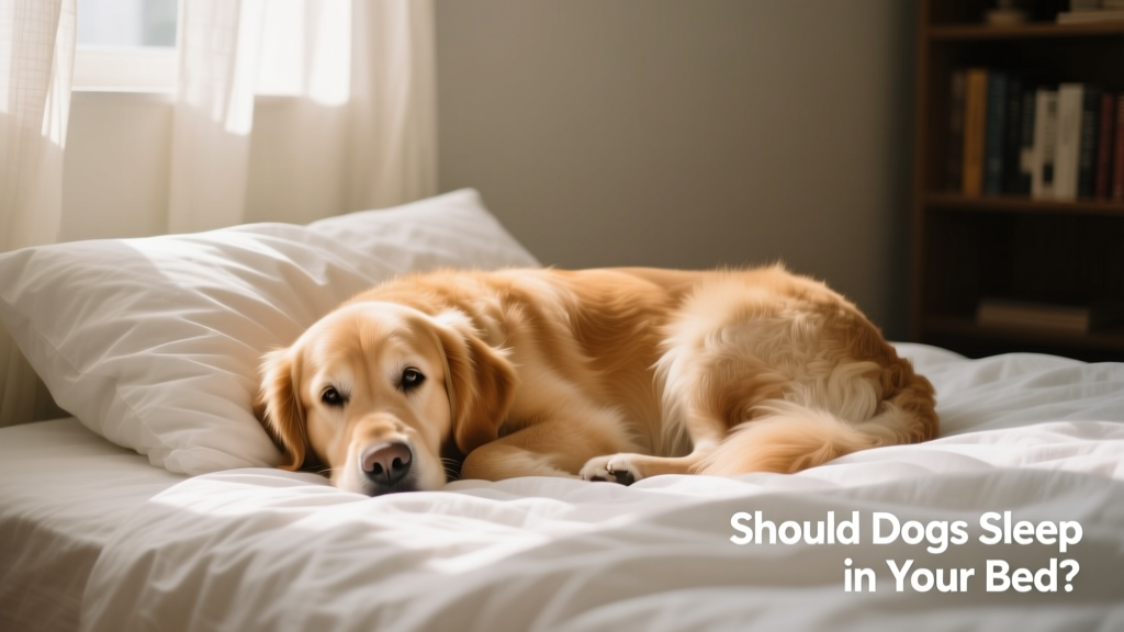A relaxed dog curled up on clean, cozy bedding beside its owner’s pillow