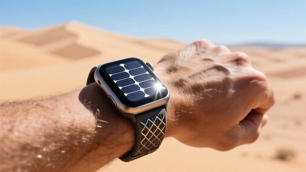 Rugged 22mm flexible CIGS solar smartwatch band on a wrist reflecting harsh midday desert sunlight with visible micro-texture surface