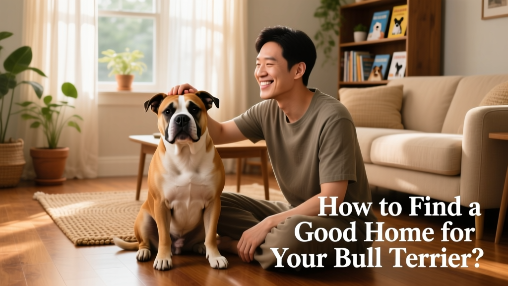 A calm, friendly Bull Terrier sitting beside a smiling adult in a sunlit living room