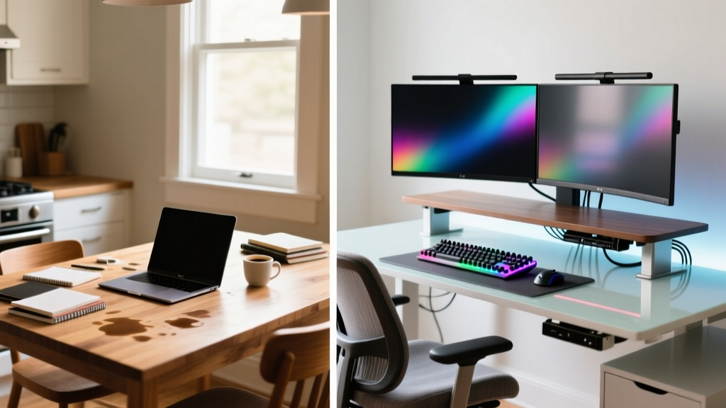Split-screen comparison showing a modest beginner kitchen-table laptop setup on the left and a high-end expert dual-monitor standing desk command center on the right.
