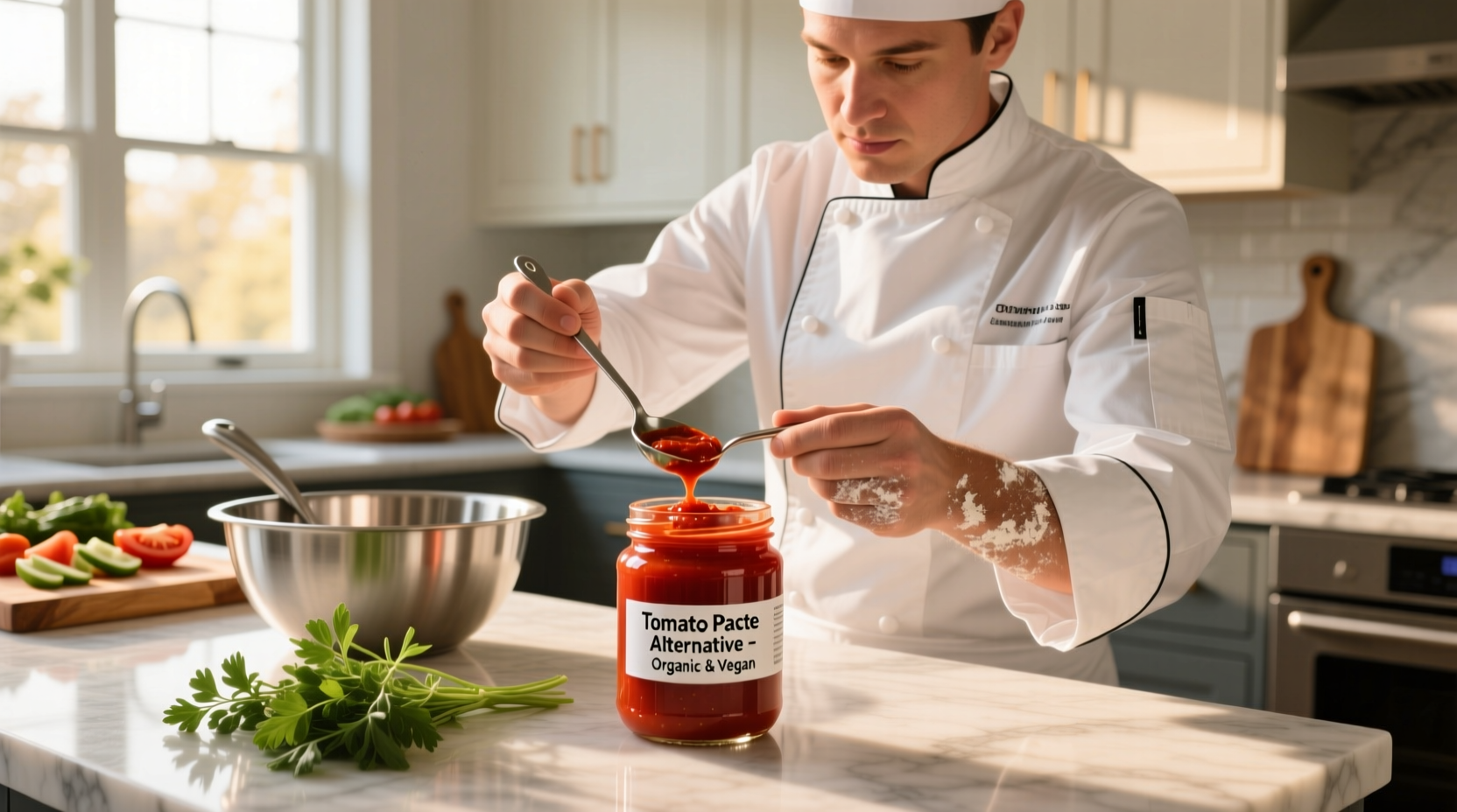 Chef measuring tomato paste substitute in kitchen
