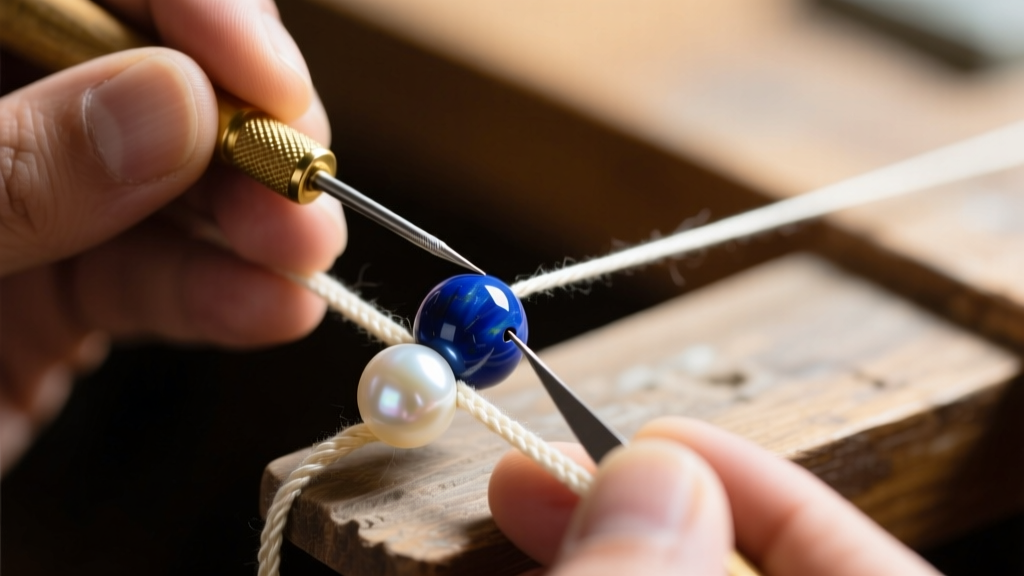 Close-up of a jeweler using a beading awl to tie a tight silk knot between a dark blue lapis bead and a cream freshwater pearl