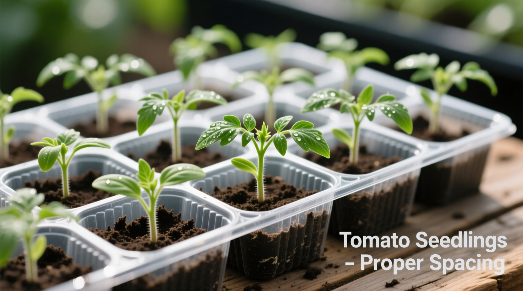 Tomato seedlings growing in starter trays with proper spacing