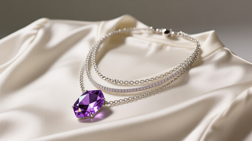 Faceted amethyst purple crystal necklace layered with delicate silver chains on a silk blouse, captured in soft studio lighting.