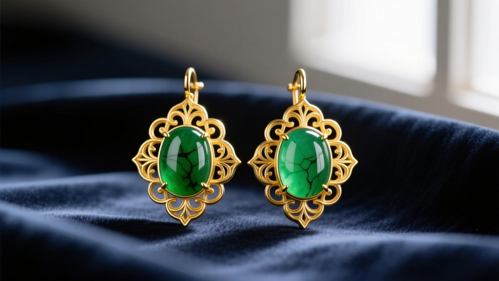 Close-up of premium 14k yellow gold Potara earrings with vivid green nephrite jade inlays, resting on dark silk fabric background.