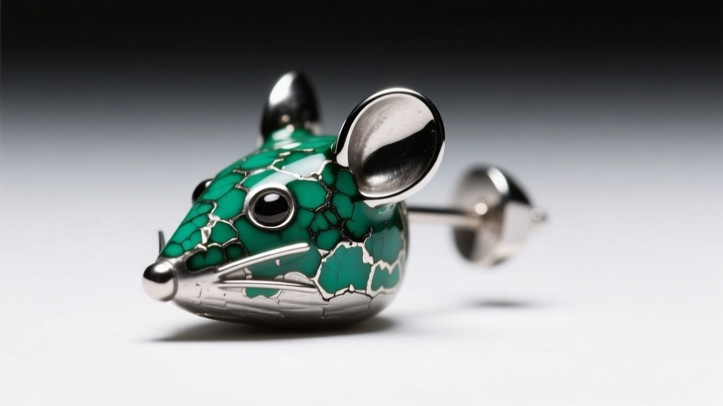 Macro shot of a zinc alloy mouse earring showing green oxidation and chipped cold epoxy enamel under harsh fluorescent light.