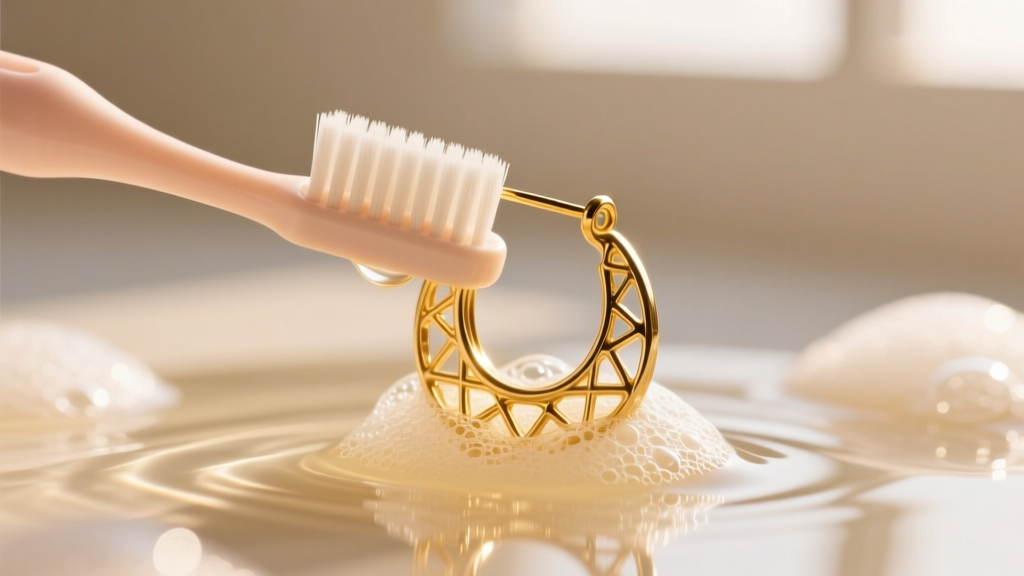 Soft baby toothbrush gently scrubbing a gold-plated fashion earring in warm soapy water, highlighting delicate cleaning techniques.