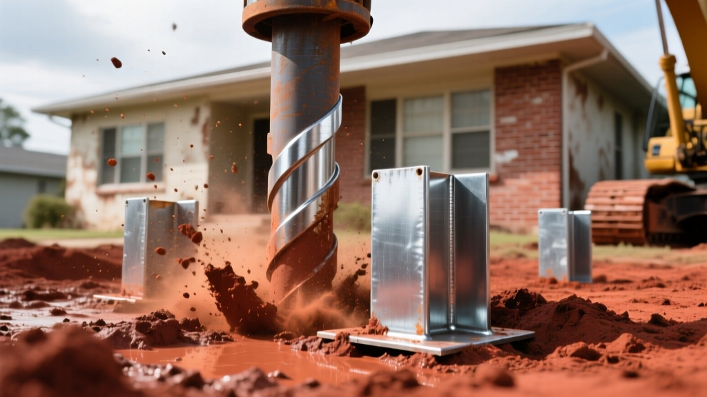 Close-up of heavy-duty galvanized steel foundation piers being hydraulically driven into expansive red clay soil beside a Houston brick home.