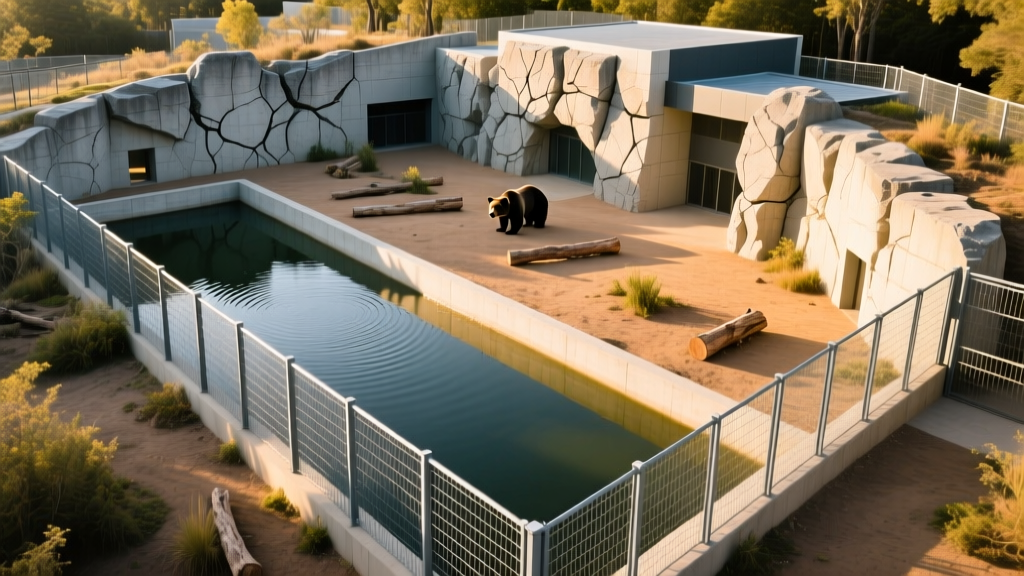 Aerial view of a zoo bear enclosure with reinforced shotcrete rock walls, deep concrete moats, and heavy steel mesh fencing.