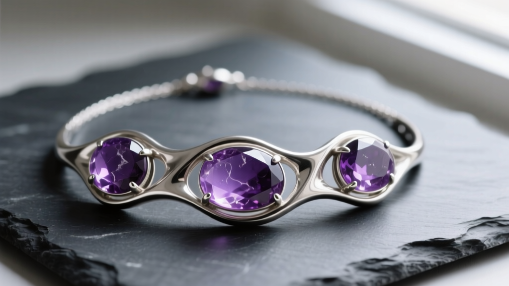 Close-up of a 1950s biomorphic sterling silver mid century modern necklace with raw amethyst cabochons resting on dark slate